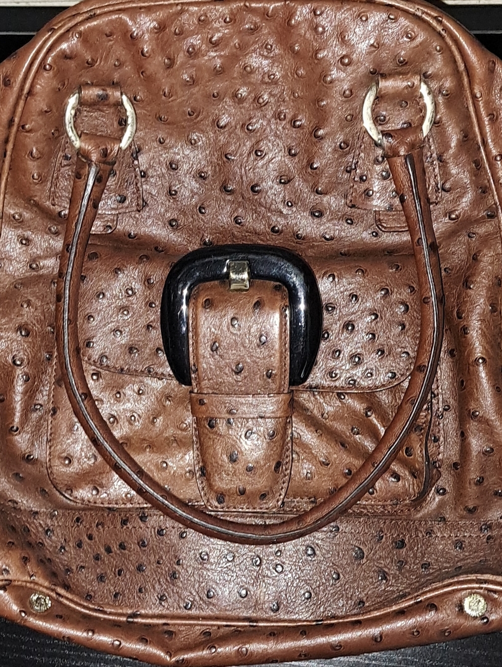 Anne Klein Brown Faux Ostrich Shoulder Bag with Black Buckle